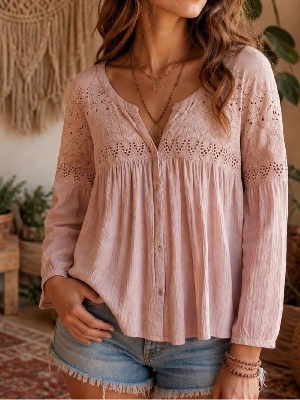 American Eagle Mauve Flowy Boho Eyelet Button-Front Blouse